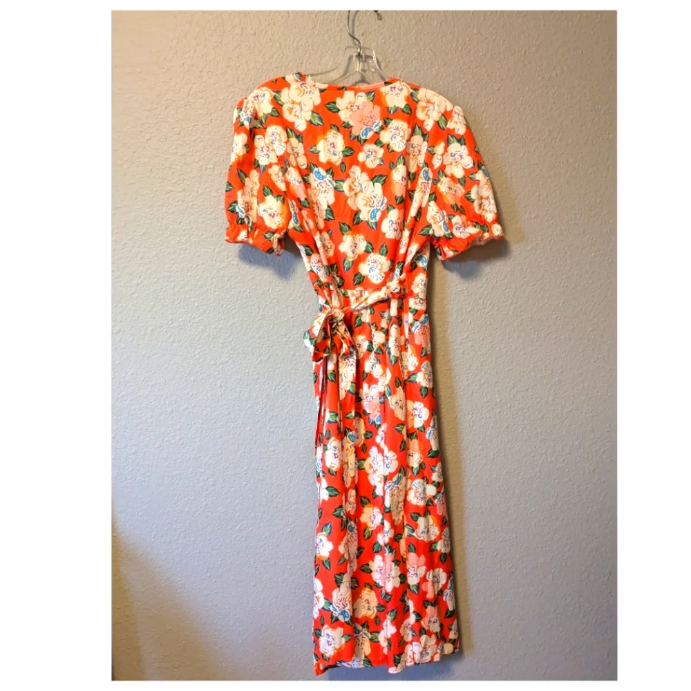 💥SALE💥 Romantic Orange Wrap Dress Floral Fluffy Sleeves Cross V Neck Sz L - Picture 7 of 10